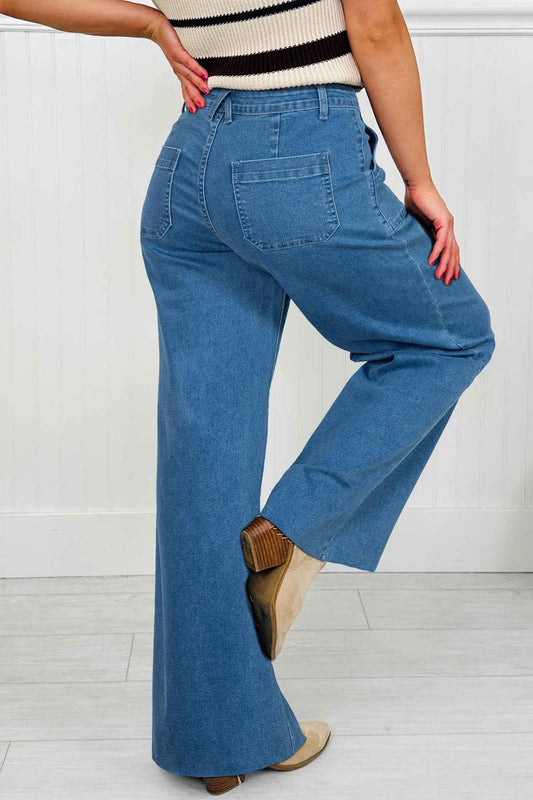Dusk Blue Retro Washed Patch Pocket Stretchy Jeans
