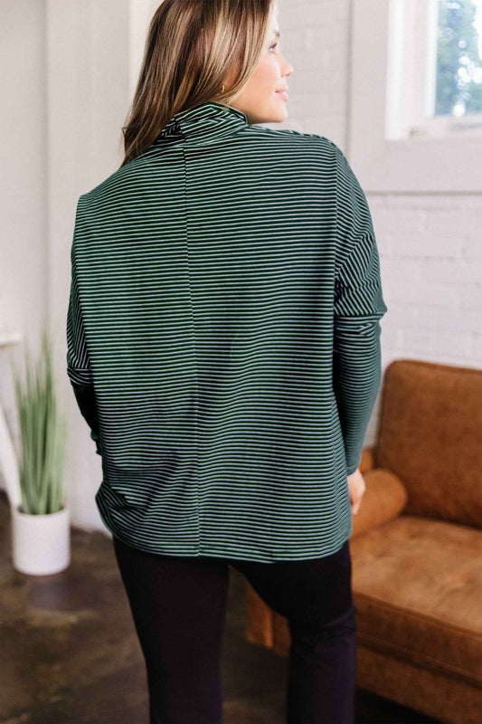 Green Stripe High Neck Dropped Shoulder Long Sleeve Casual Top