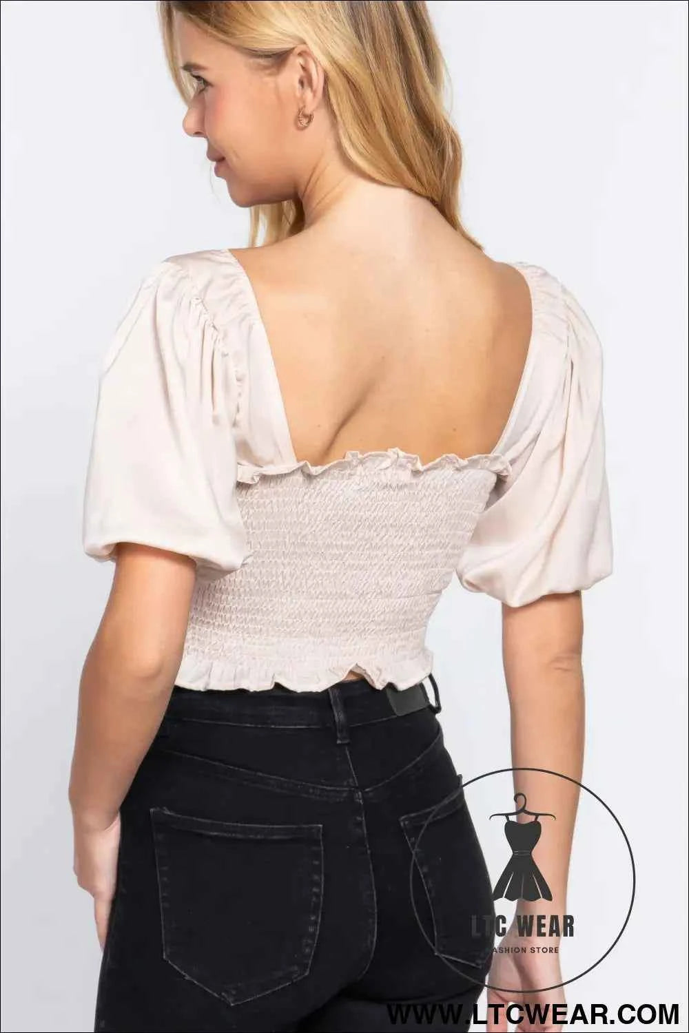 Elbow Sleeve Straight Neck Smocking W/ruffle Detail Woven Top