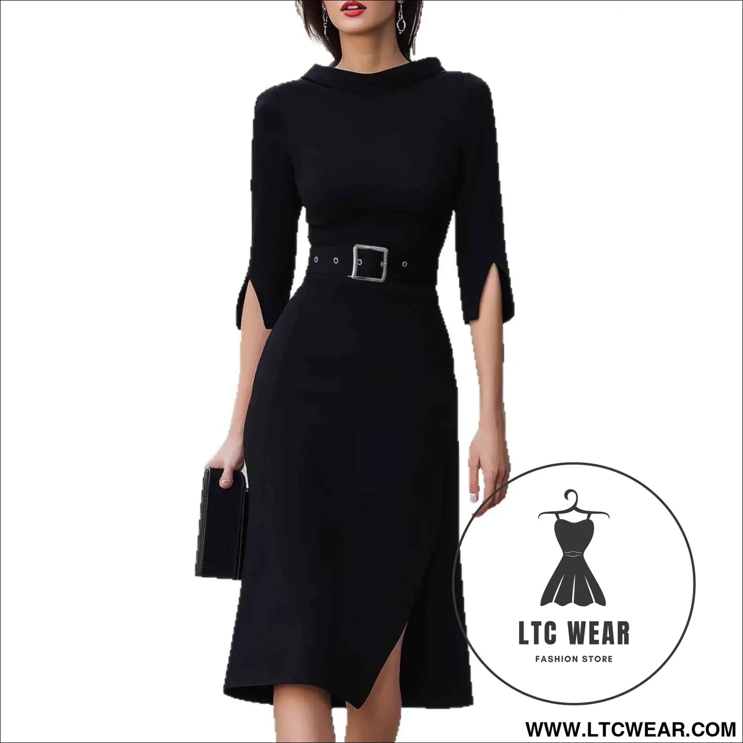 Elegant 3/4 Sleeve Split Midi Dress with Belt - Shein Style Fashion