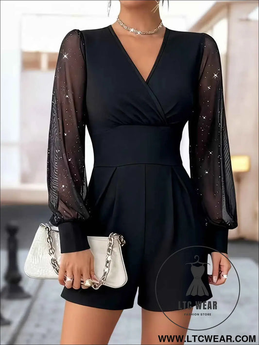 Elegant Black Mesh VNeck Bishop Sleeve Jumpsuit for Women