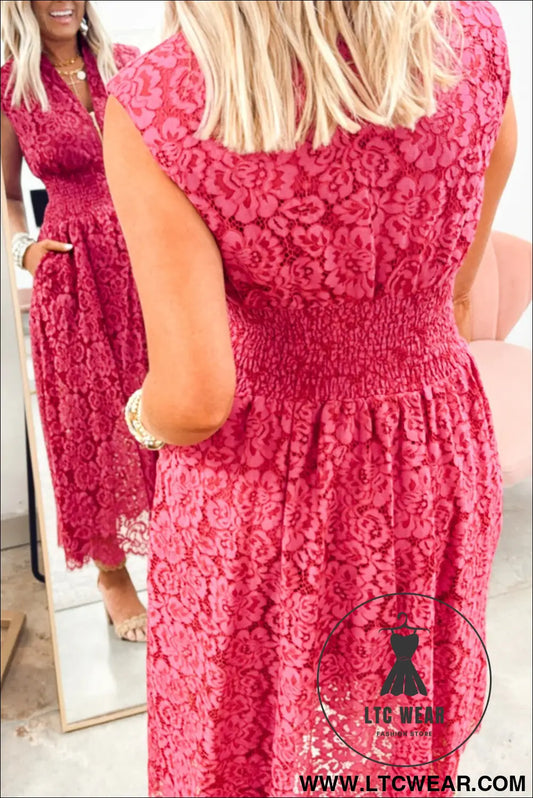 Elegant coral floral lace overlay v-neck dress - maxi dresses