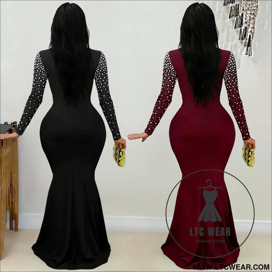 Elegant high neck rhinestone beaded bodycon dress for women fashion