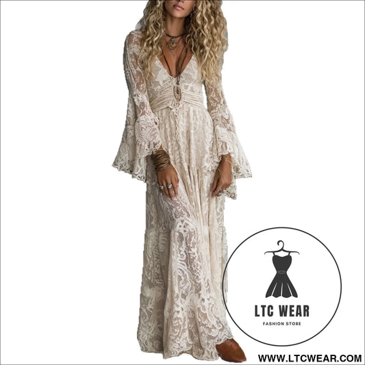 Elegant v-neck high-waisted lace spliced casual long sleeve dress