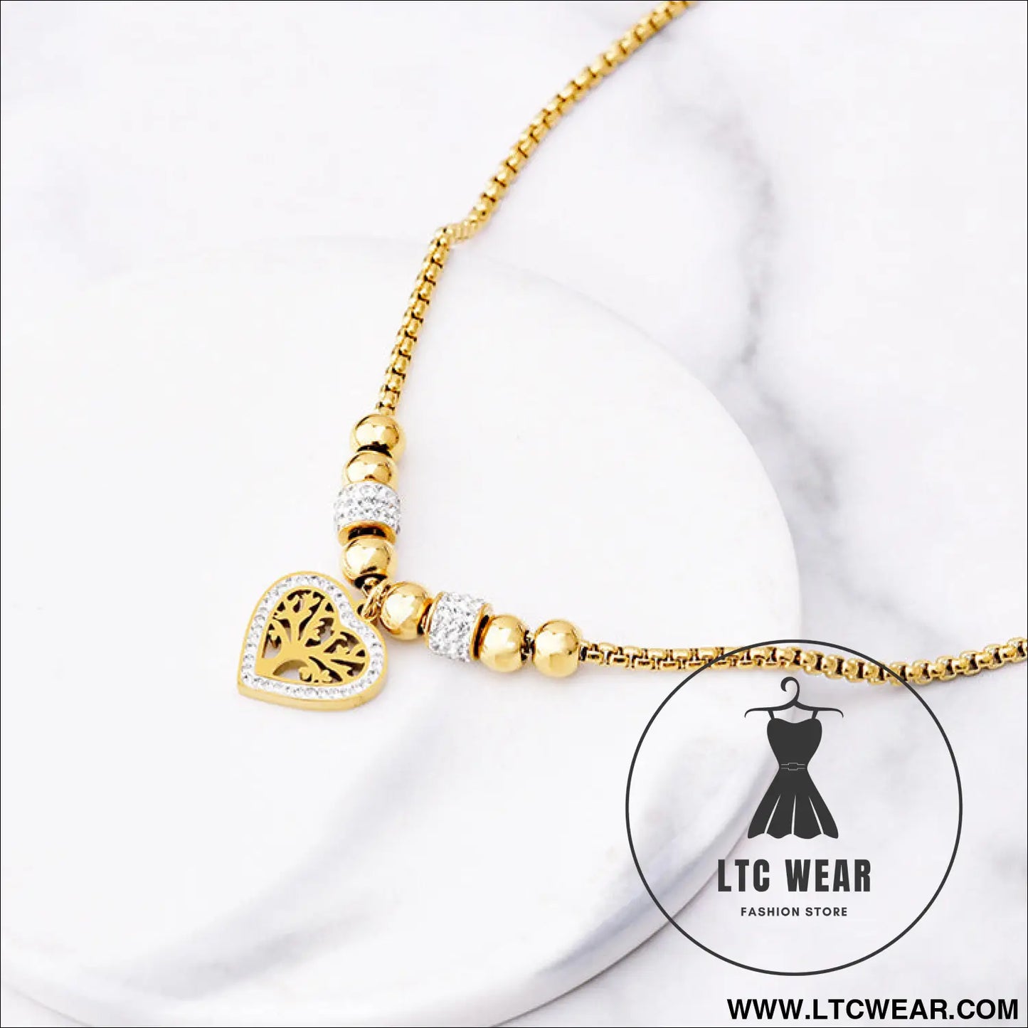 European and american style titanium steel heart tree of life rhinestone necklace for women simple love charm jewelry