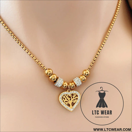 European and american style titanium steel heart tree of life rhinestone necklace for women simple love charm jewelry
