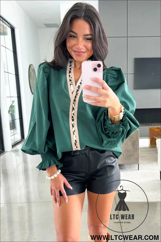 Evergreen puffy flounce sleeve leopard trim v neck blouse - blouses & shirts