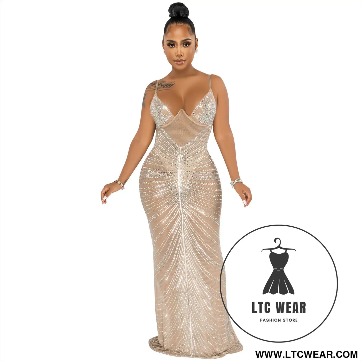 Fashion sexy beaded strapless sheer mesh long dress - apricot / s