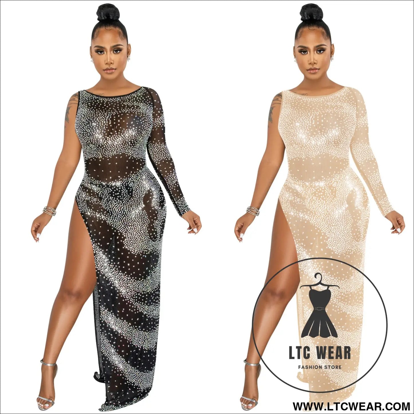 Fashion sexy nightclub rhinestone single long sleeve irregular slit maxi dress