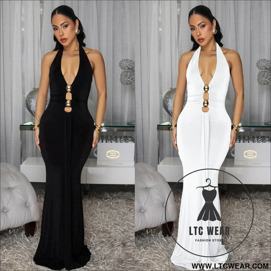 Fashion women’s sexy backless halter deep v neck solid color dress