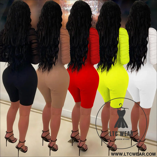 Fashion women’s solid color long sleeve short pants mesh sheer jumpsuit