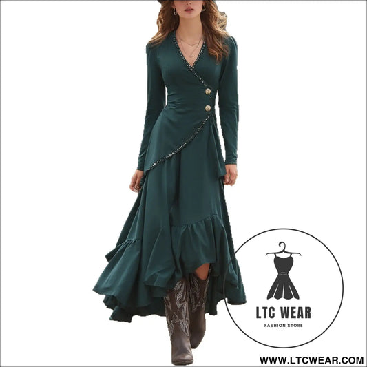 Fashionable french style elegant women’s casual v-neck long sleeve dress