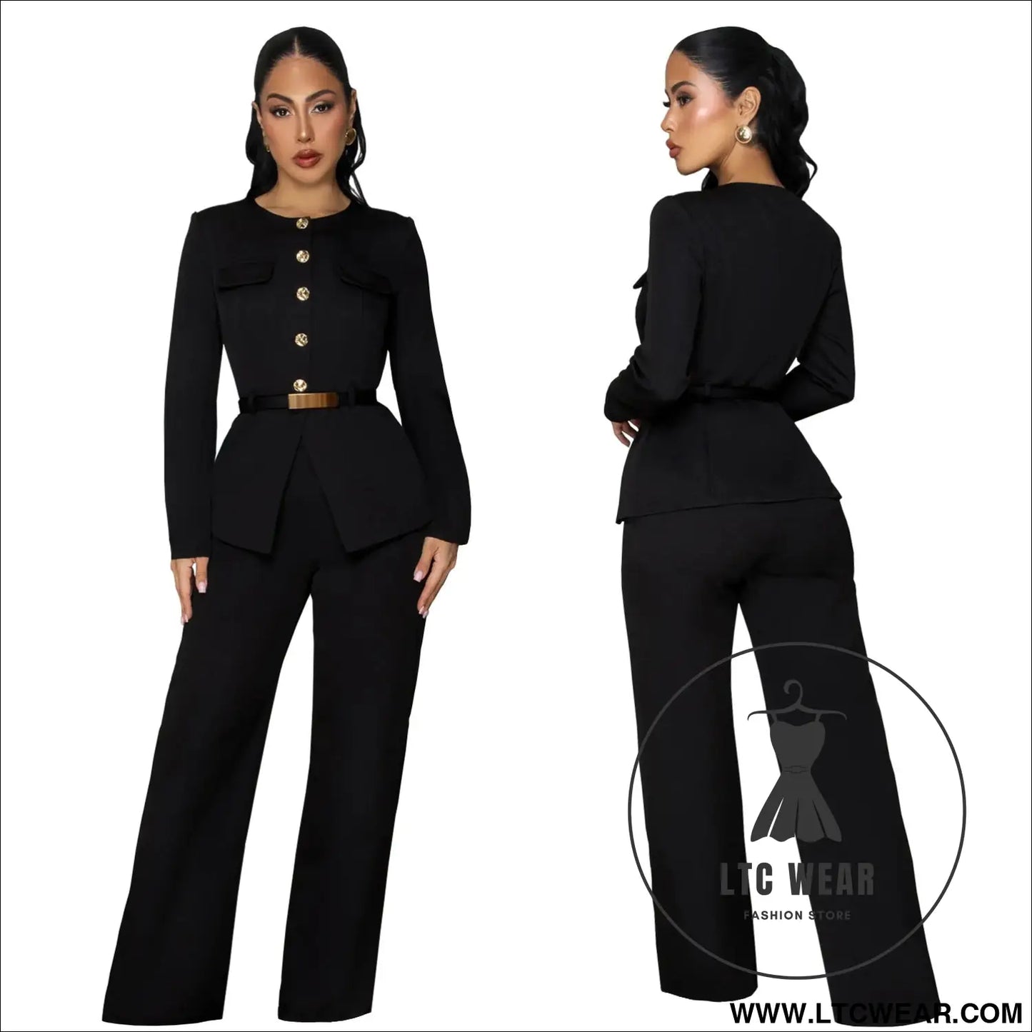 Fashionable women’s slimming belted top and pants set