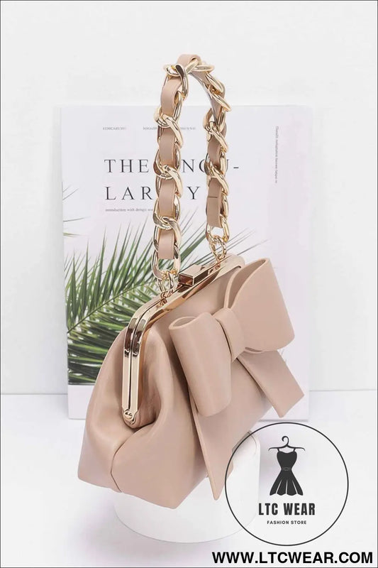 Faux Leather Ribbon Chain Handle Party Clutch