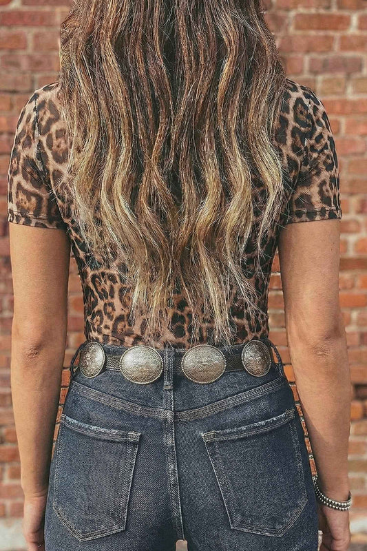 Camel Leopard Printed Mesh Short Sleeve Top