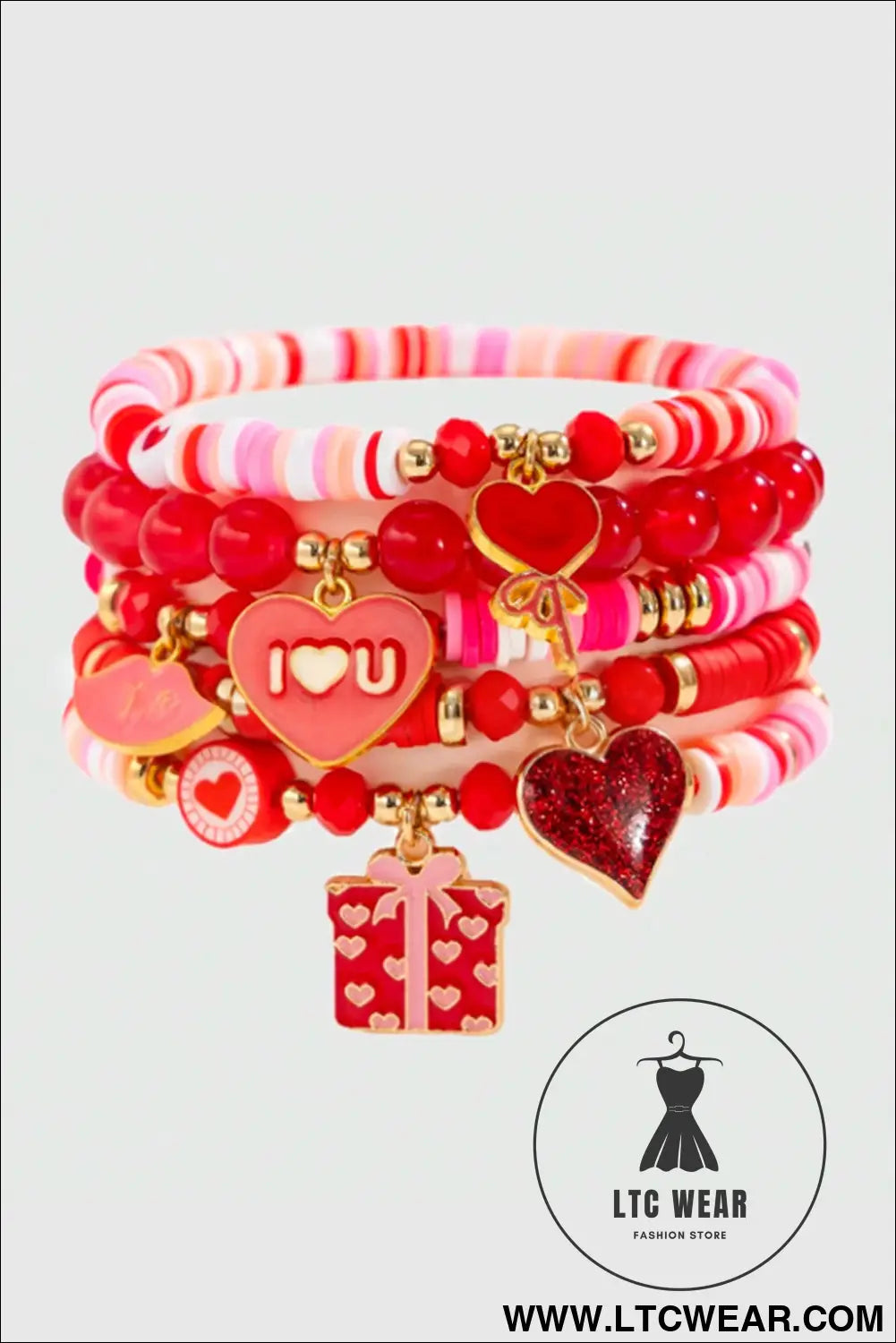 Fiery red 5pcs i love u valentines day sweet bracelet set - fiery red / one size / 100% pmma - jewelry