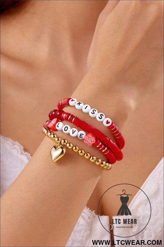 Fiery red kiss love valentines day golden beading bracelets 4pcs set - fiery red / one size / 100% pmma - jewelry