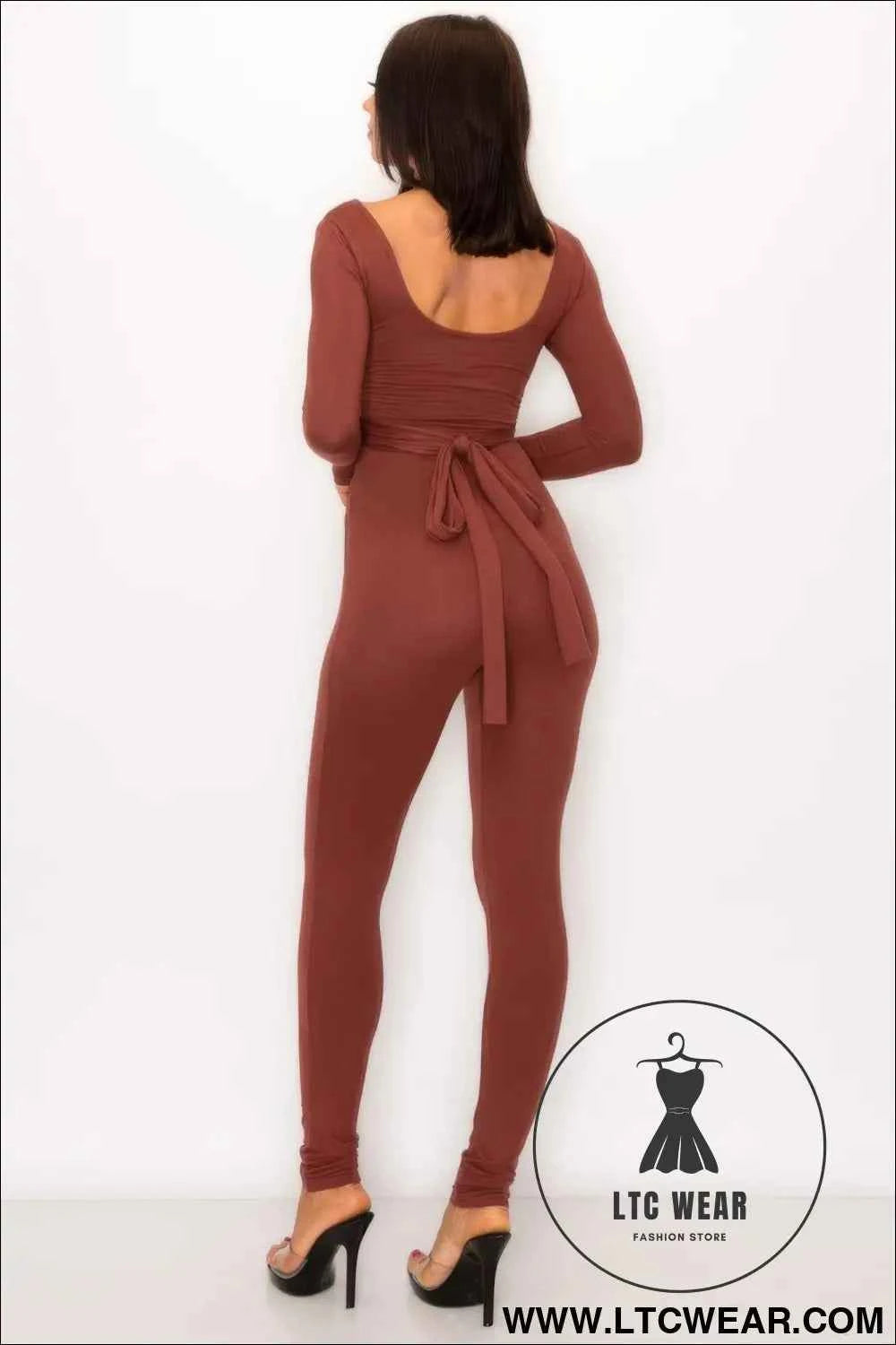 Front Shirring Back Tie Skinny Jumpsuit