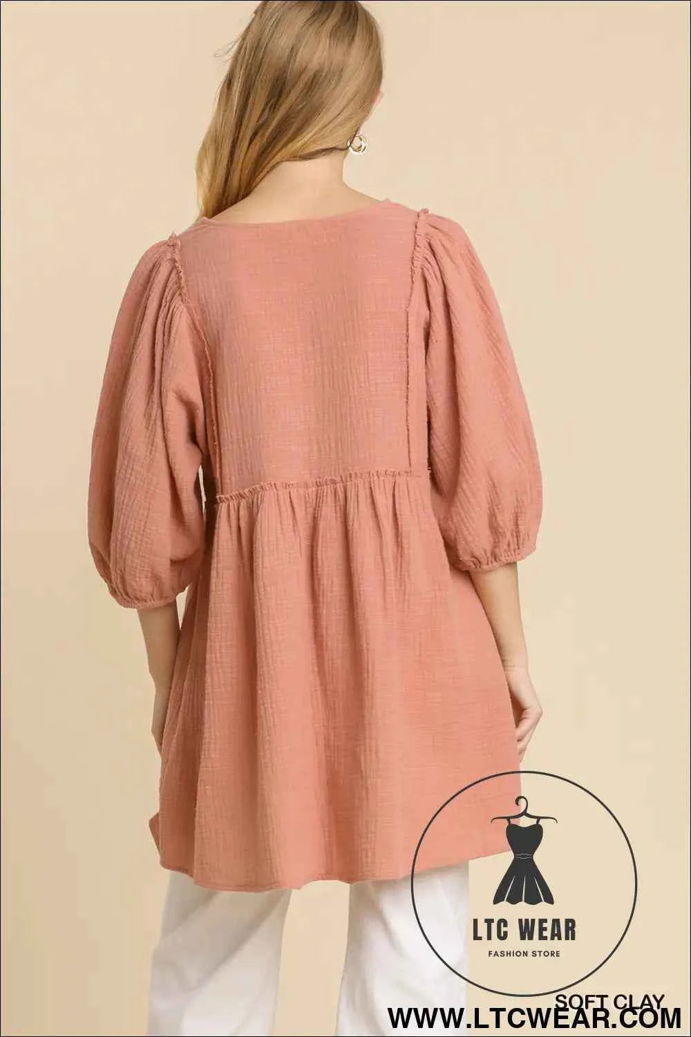 Gauze Slub V-neck Frayed Edge Detail Tunic Dress