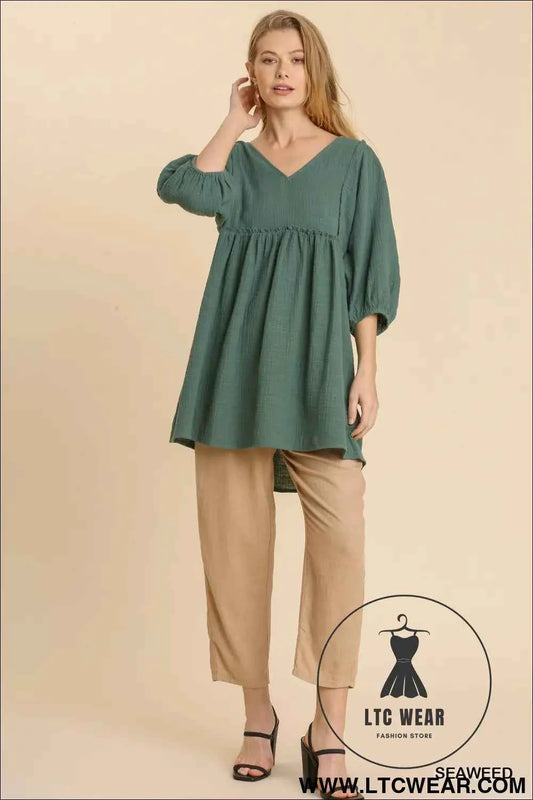 Gauze Slub V-neck Frayed Edge Detail Tunic Dress