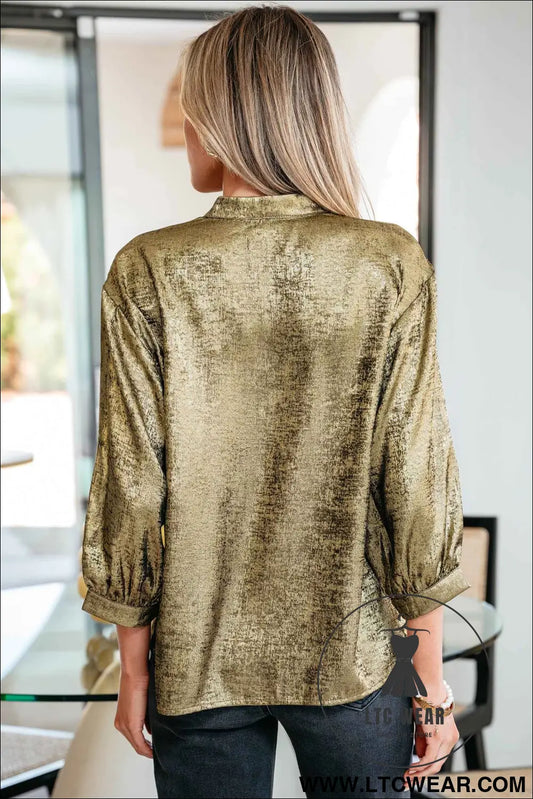 Gold Metallic Split Neck Half Sleeve Blouse