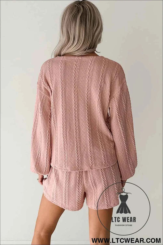 Gossamer Pink Cable Knit V Neck Cardigan Shorts Set