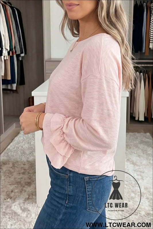 Gossamer pink long sleeve ruffle cuff casual elegant top - long sleeve tops