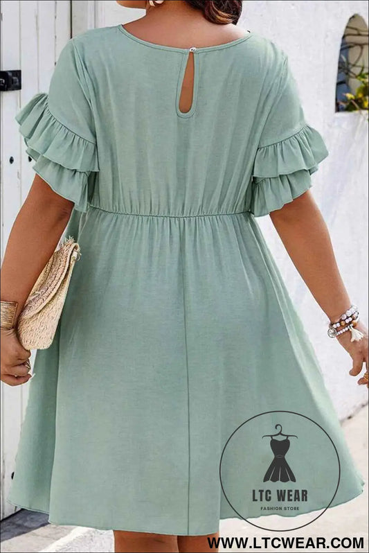 Grass Green Plain Ruffle Hem Plus Size Flared Mini Dress
