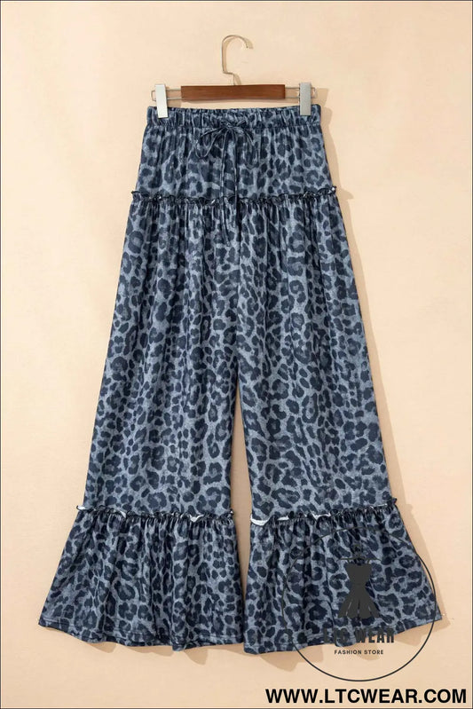 Gray Wild Leopard Print Frilled Detail Drawstring Wide Leg Pants