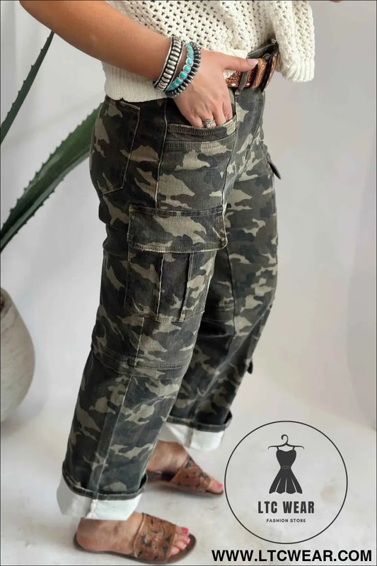Green Camouflage Print Multi Pocketed Womens Denim Pants