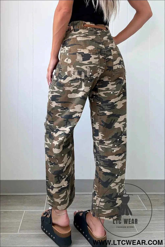 Green Camouflage Print Splashed Distressed Loose Denim Pants