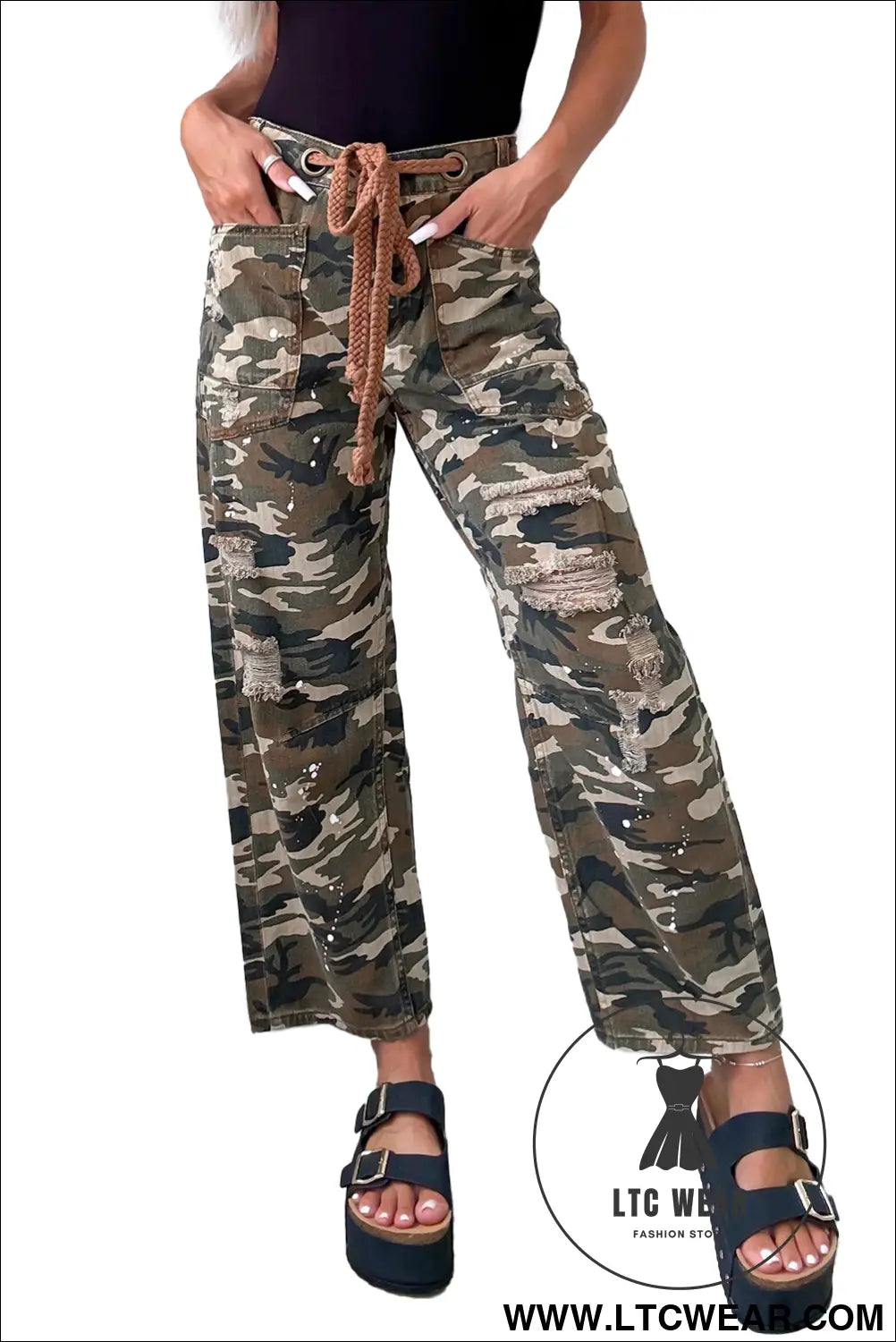 Green Camouflage Print Splashed Distressed Loose Denim Pants - L.T.C Wear Online Fashion Store