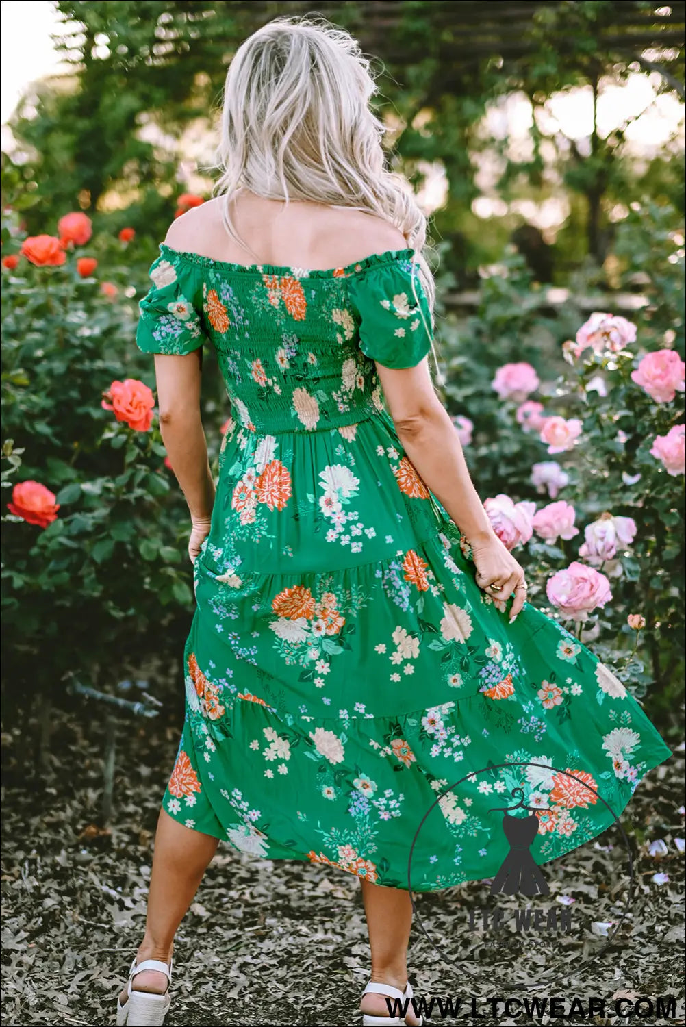 Green Floral Print Bubble Sleeve Smocked Tiered Midi Dress - L.T.C Wear Online Fashion Store