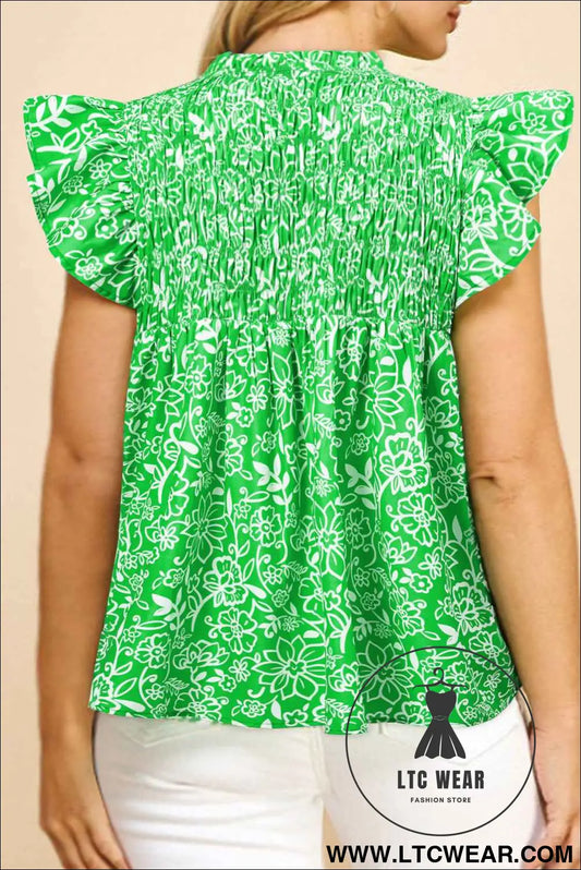 Green Floral Smocked Boho Plus Size Blouse