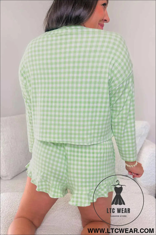 Green Gingham Long Sleeve Loose Top Drawstring Shorts 2pcs Lounge Set