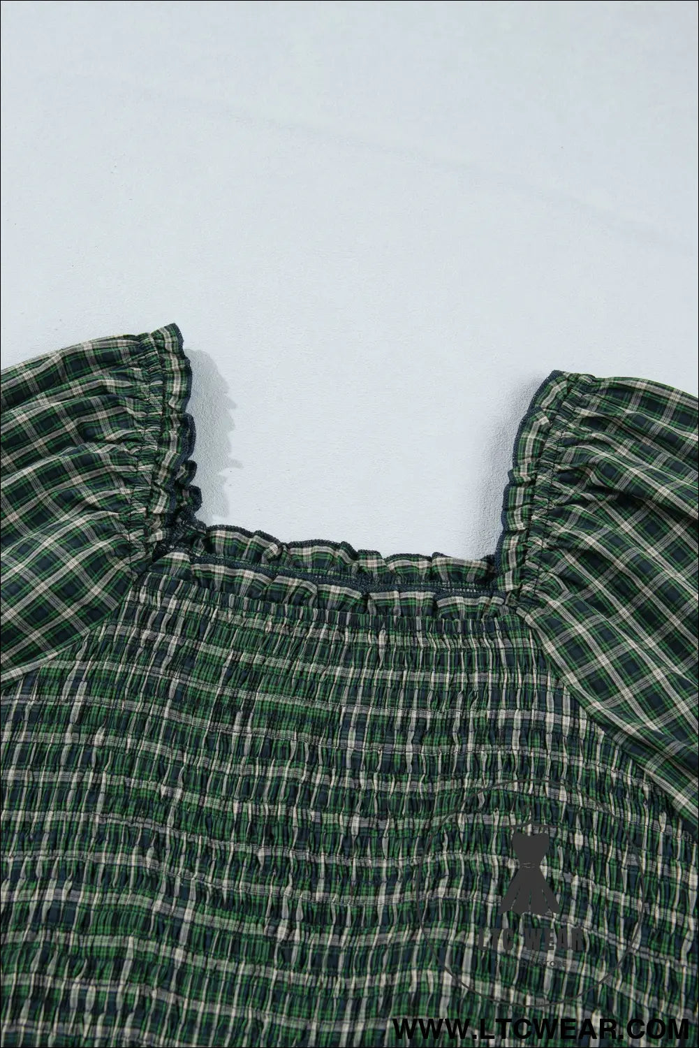Green plaid square neck shirred high waist ruffle hem dress - maxi dresses