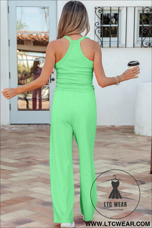 Green slim ribbed tank top and sweatpants set - pant sets
