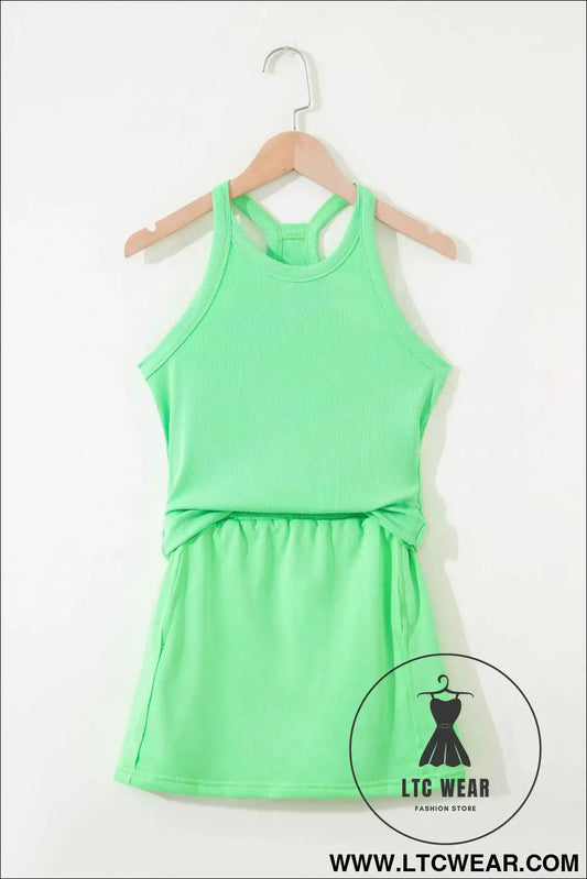 Green Slim Tank Top Elastic Waist Mini Skort 2pcs Outfit