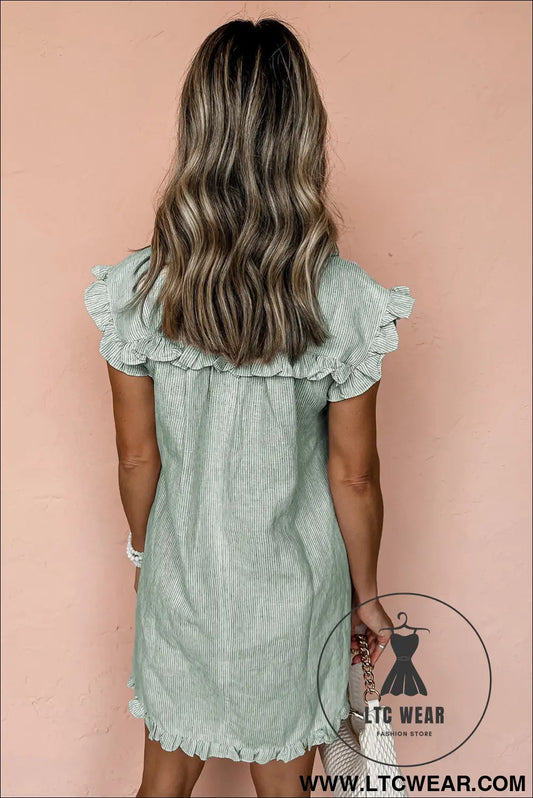 Green stripe frill trim pocket button up mini dress - mini dresses