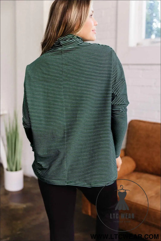 Green Stripe High Neck Dropped Shoulder Long Sleeve Casual Top