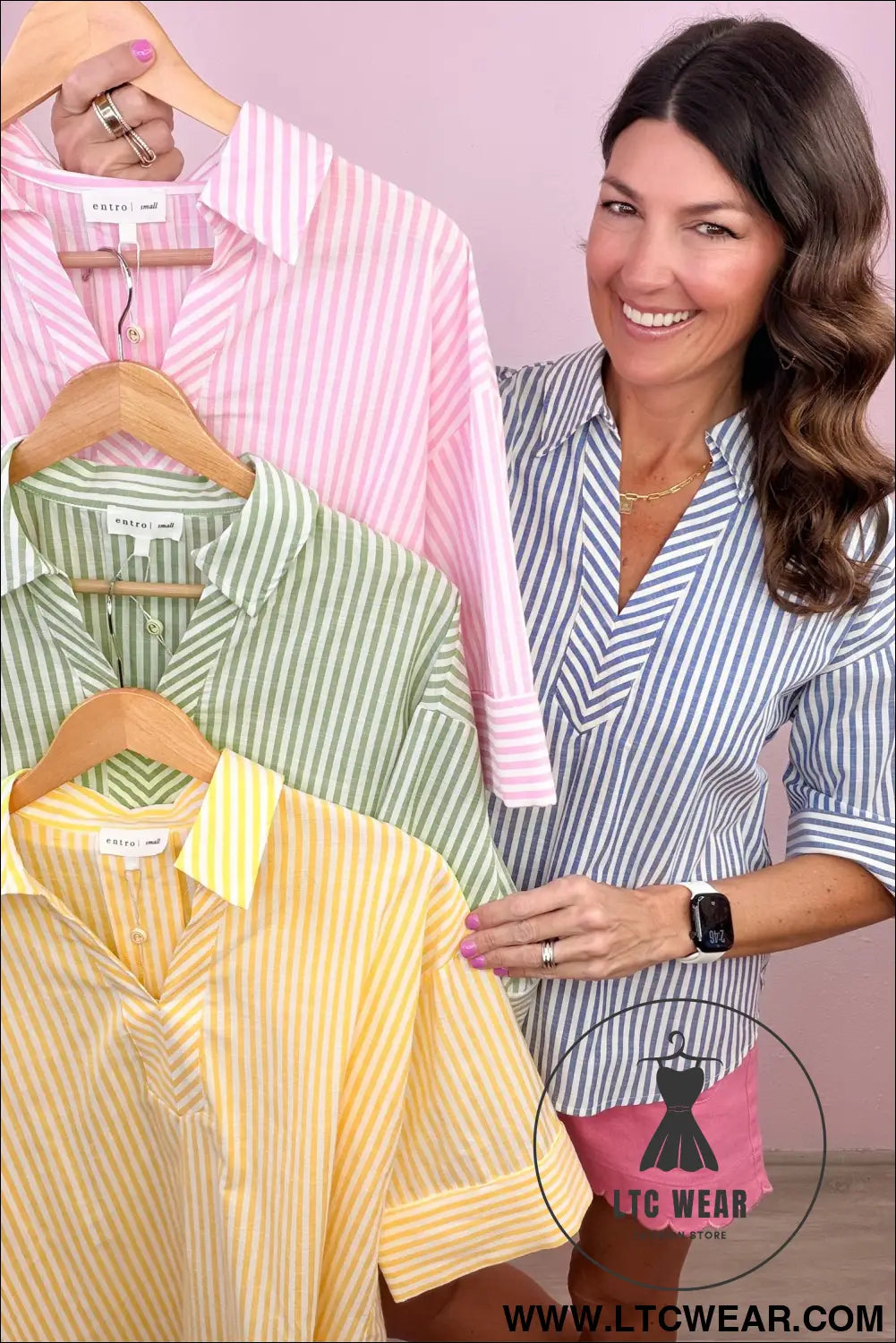 Green Stripe Shirt Collar Half Sleeve Blouse - L.T.C Wear Online Fashion Store