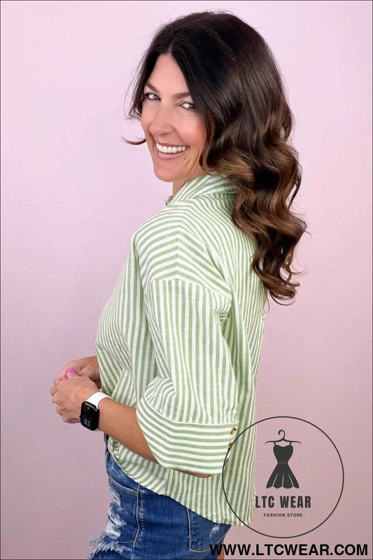 Green Stripe Shirt Collar Half Sleeve Blouse