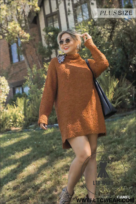 High Cowl Neck Bouclé Long Sleeve Sweater Dress