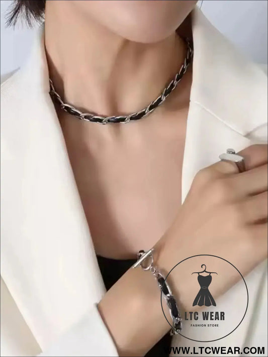 Hip hop design neck chain titanium steel plated 18k real gold leather rope necklace - silver / one size