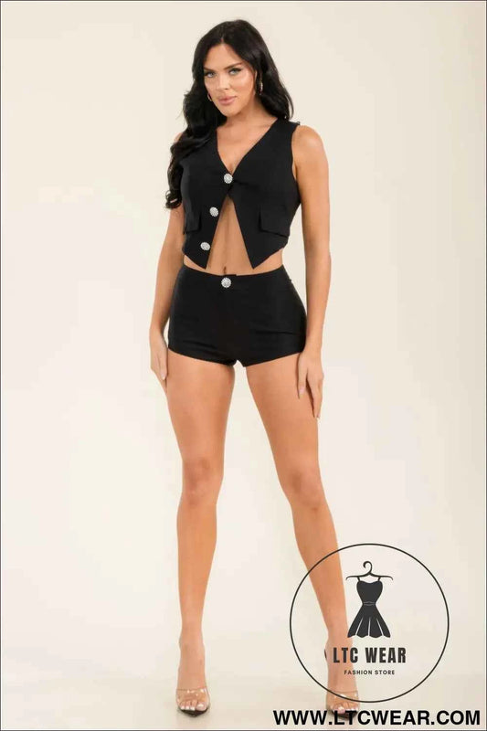 Jewel Button Vest Top And Shorts Pants Set