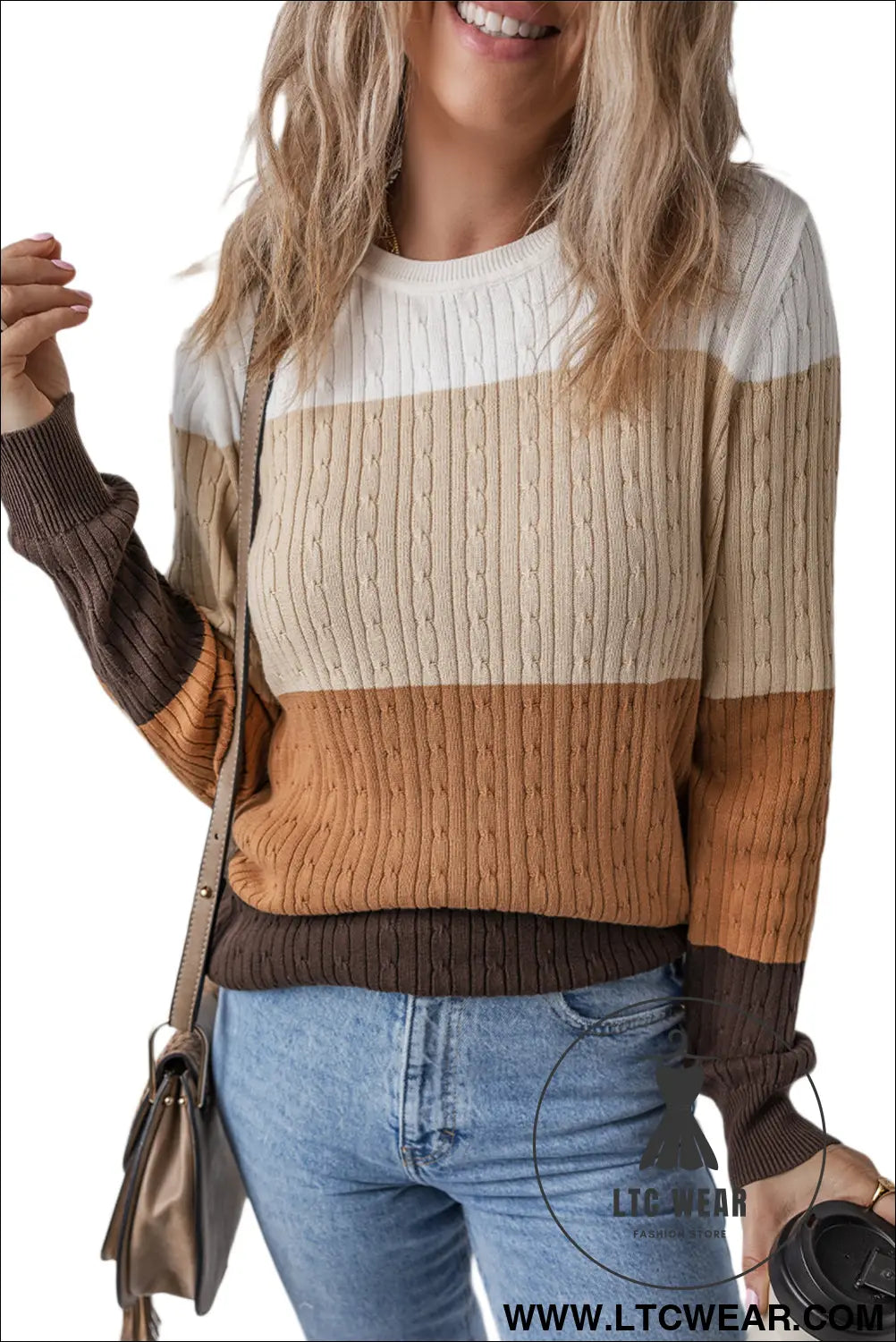 Khaki colorblock cable knit round neck sweater - sweaters