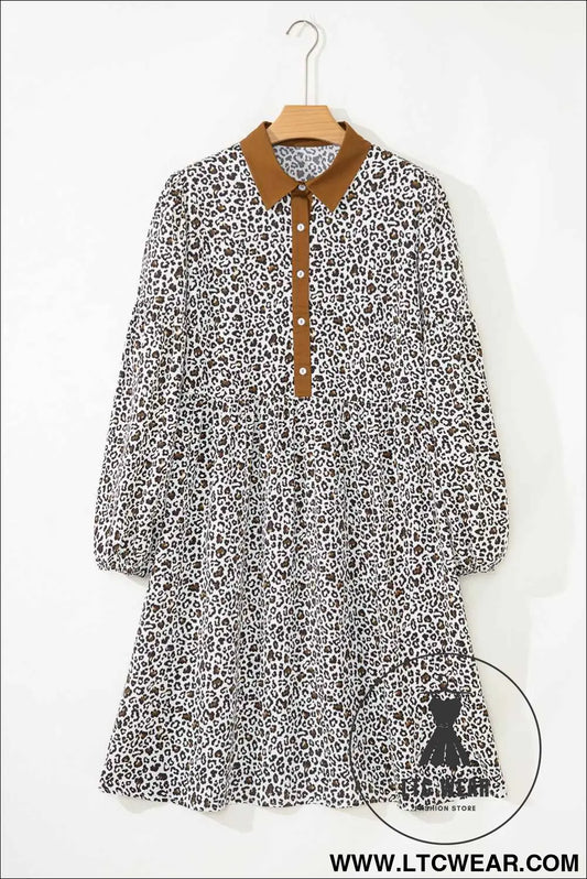 Khaki Plus Size Button V Neck Leopard Print Puff Sleeve Loose Mini Dress