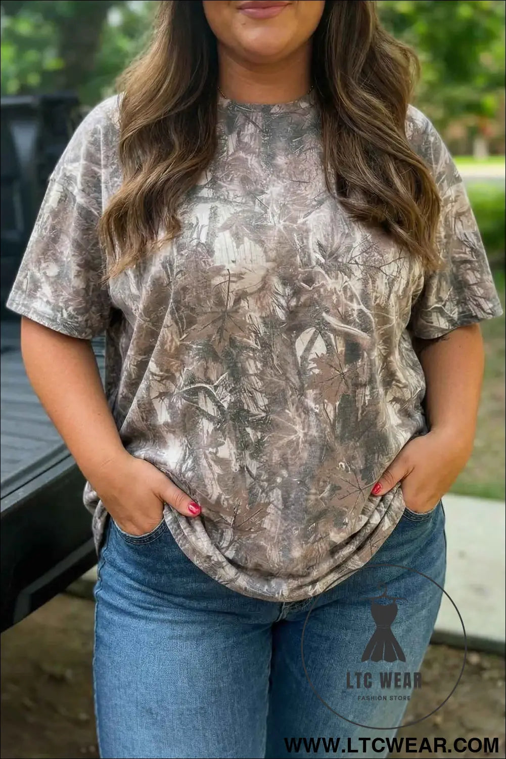 Khaki Plus Size Woodland Camouflage Print T Shirt
