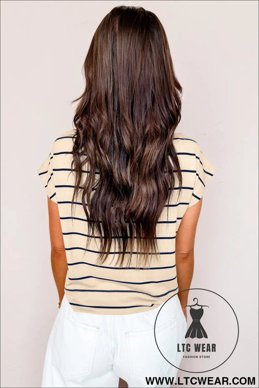 Khaki stripe mock neck short sleeve loose top - tops & tees