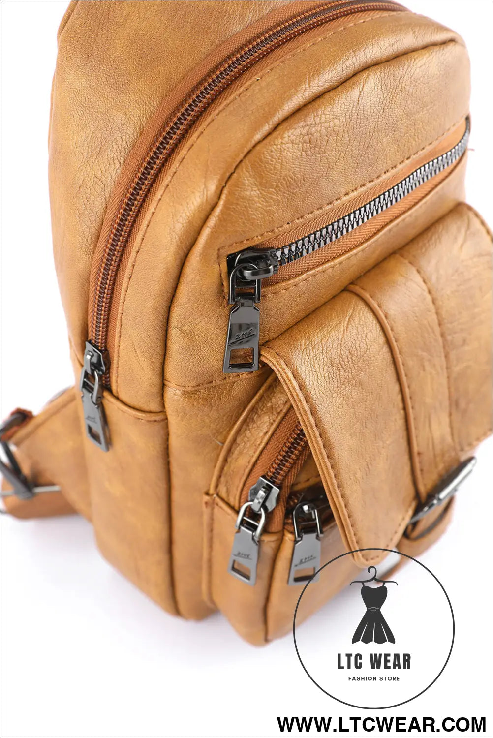 Khaki vintage zipper multi pockets pu sling bag - khaki / one size / 100% pu - crossbody bags
